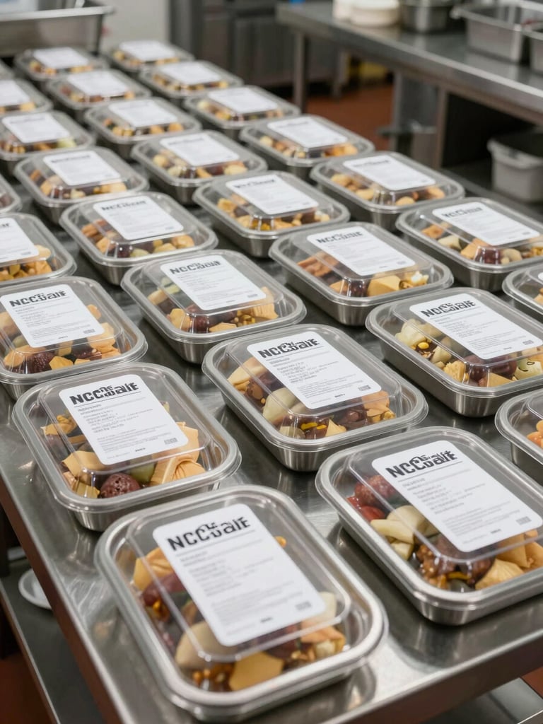 Wide environmental shot of neatly arranged institutional meal trays packed and labeled for scheduled dispatch, stacked in rows on a stainless steel prep surface under bright even overhead lighting, kitchen prep line visible in background, no people in frame