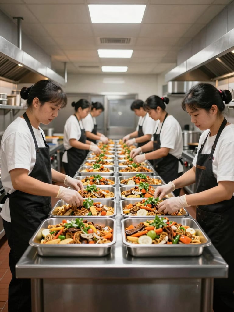 Wide environmental shot of a commercial kitchen prep station in active operation, workers in uniform at stainless steel counters preparing large-volume food trays under bright even overhead lighting, showing organized scale and systematic workflow without posed elements