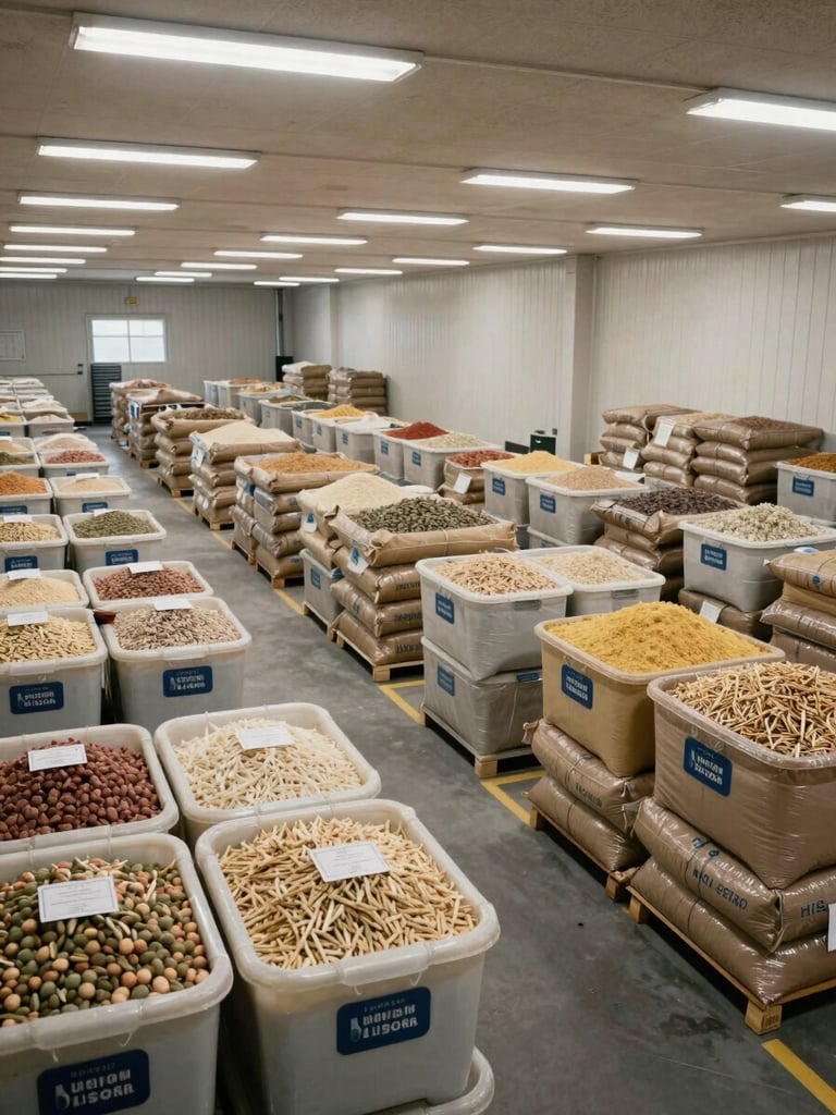 Wide overhead shot of a large commercial ingredient storage area, rows of labeled bins and stacked sacks of dry goods organized in a clean warehouse under bright even overhead fluorescent lighting, showing institutional scale and systematic order