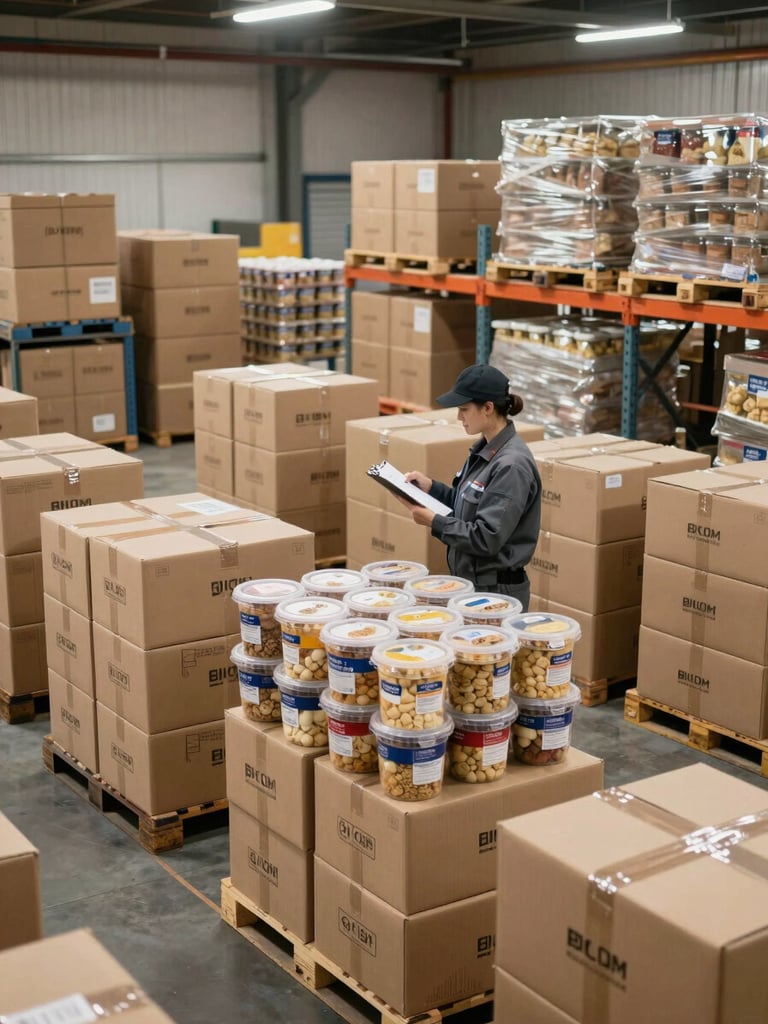 Wide environmental shot of a commercial dispatch area with labeled cardboard boxes and packaged ingredient containers stacked in organized rows on pallets, a warehouse worker in uniform checking a clipboard against a stack of goods under bright overhead industrial lighting, showing scale and systematic order preparation