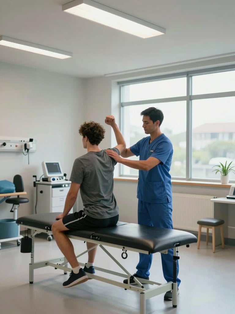 Wide environmental shot of a clinical rehabilitation floor, physical therapist guiding a patient through a shoulder range-of-motion exercise beside a treatment table, clinical fluorescent overhead lighting, medical equipment visible in background, north-facing window fill on the patient's side