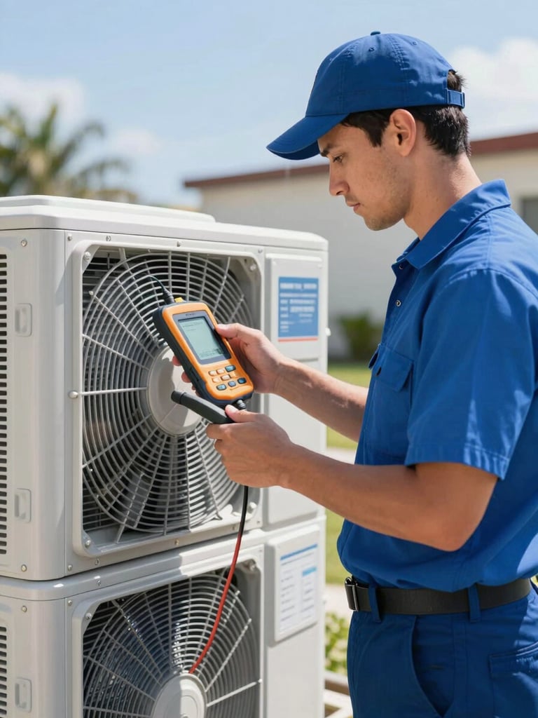A professional HVAC technician in a clean uniform using a digital diagnostic tool on a modern outdoor cooling unit, bright Florida daylight, 35mm