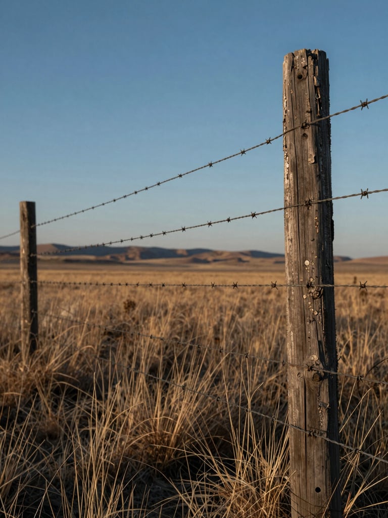A close-up of weathered timber fence posts and barbed wire running across a vast, dry shortgrass prairie under a cold blue morning sky