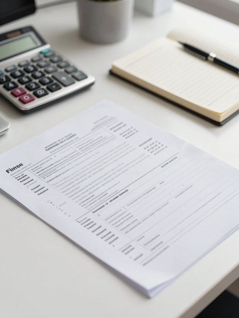 A clean, organized desk in a bright Tamil Nadu office. Close-up on physical tax documents, a modern calculator, and a neat notebook under natural daylight.