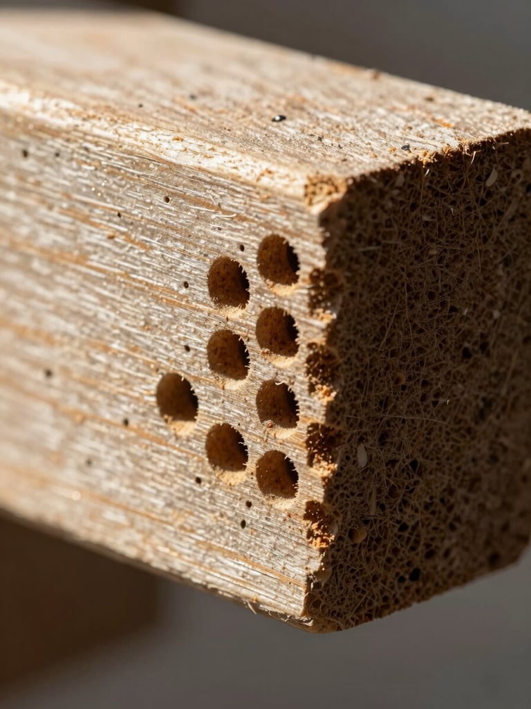 Macro close-up of structural wooden beam showing hollow termite channels, sharp clinical daylight, high contrast, scientific documentation style.