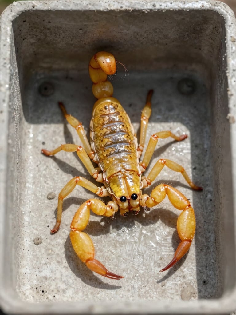 Clinical macro photography of a yellow scorpion inside a concrete utility box, harsh daylight, high contrast, sharp details of the stinger and shell.
