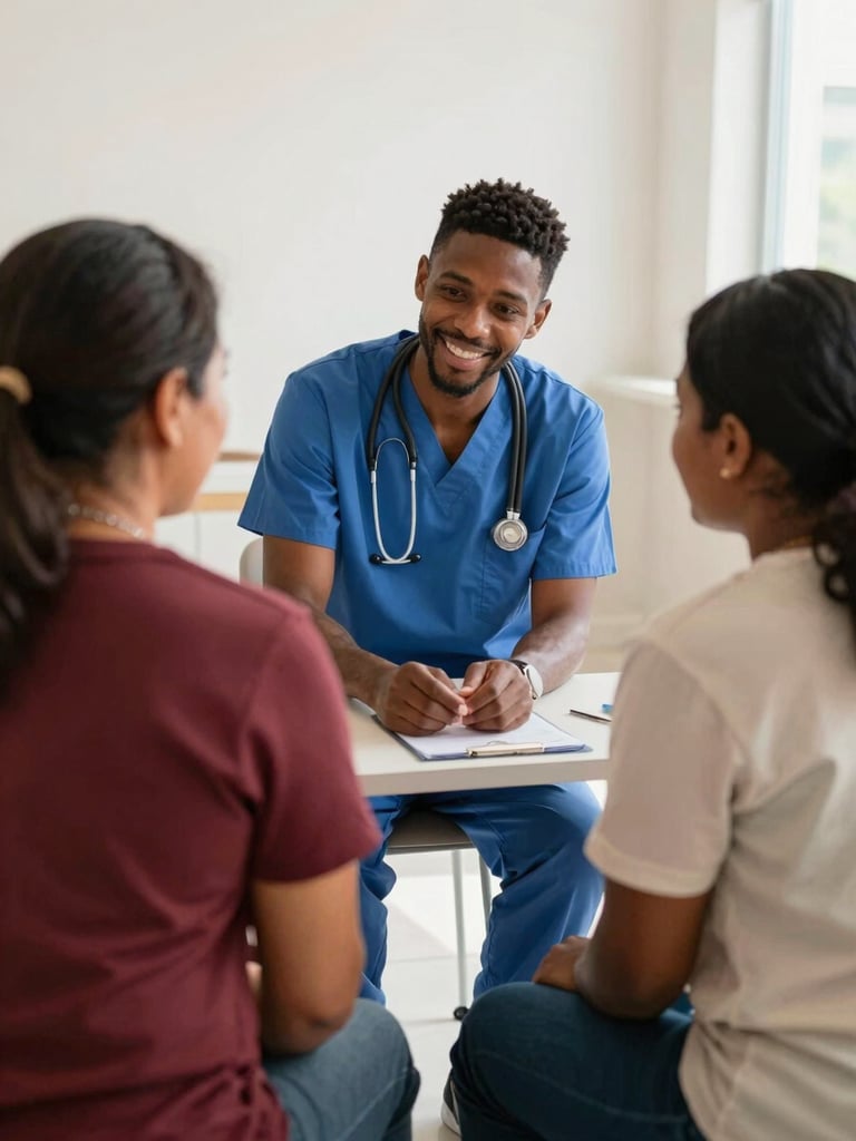 Portrait-oriented, medium shot of a community health worker warmly engaging with a patient in a brightly lit, clean clinic waiting area, natural daylight, rich organic tones, candid human interaction, shallow depth of field, 35mm lens