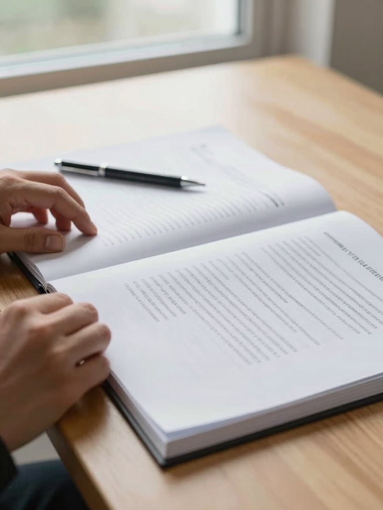Close-up of open documents spread across a light wooden desk near a north-facing window, hands resting at the edge of a page with a pen placed alongside, soft natural daylight falling across the paper, clean and orderly workspace visible in the upper background