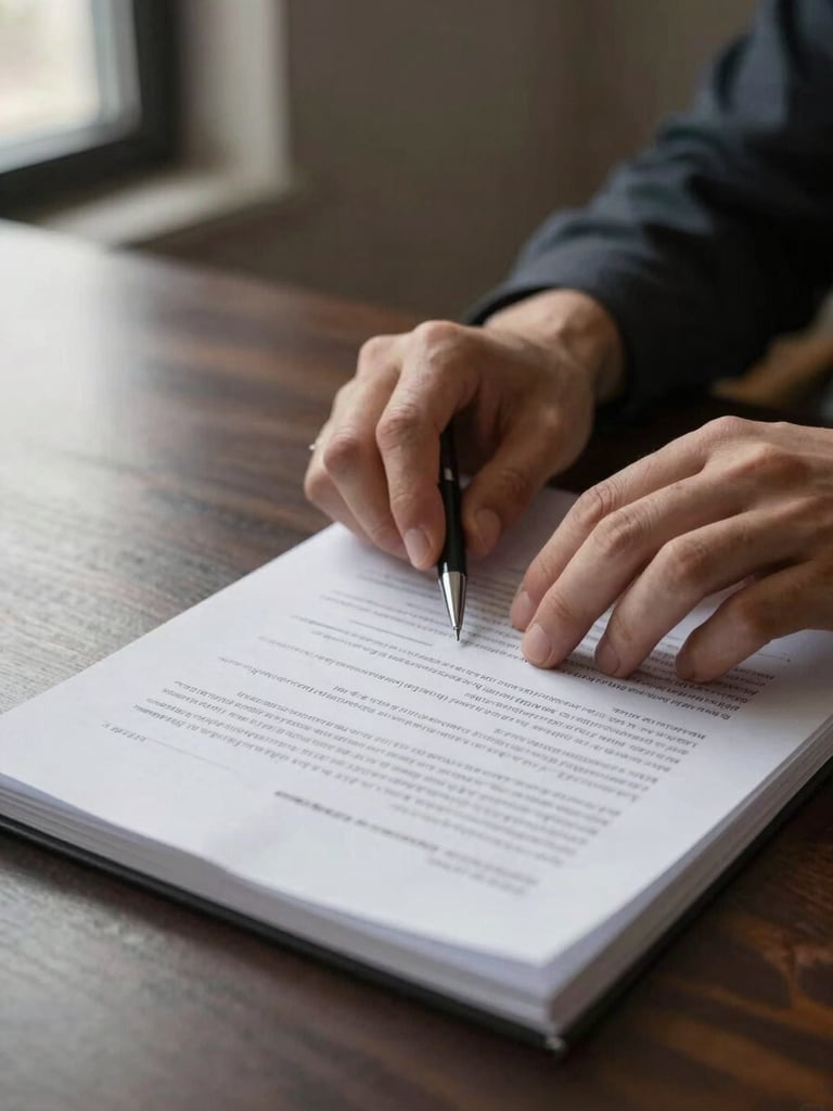 Extreme close-up of two hands resting on an open legal document spread across a dark wood desk, a pen held loosely between fingers, soft north-facing window light falling from the left edge, fine paper texture visible, warm charcoal background, no faces, calm and inhabited
