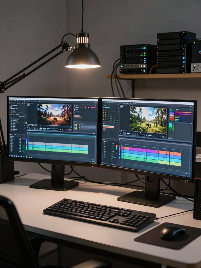 Wide editorial shot of a professional editing suite — dual monitors showing color-graded footage, desk in shadow with a single focused desk lamp, cables and drives in background, no person present