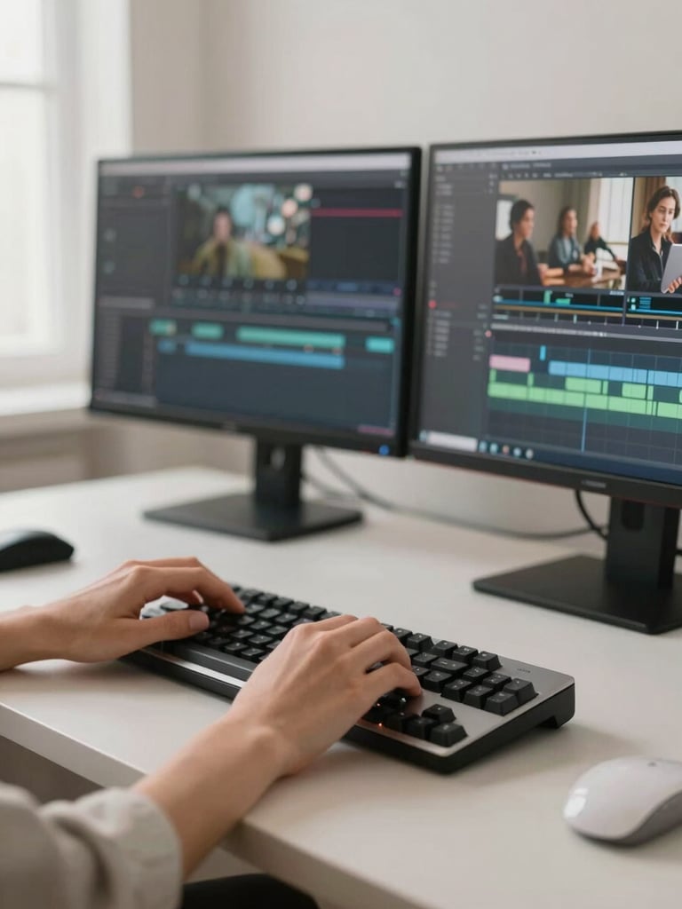 Close-up wide shot of a woman's hands resting on a mechanical keyboard in a minimal editing suite, dual monitors showing a timeline of video cuts in the background, soft diffused window light from the left, shallow depth of field, muted beige and white workspace tones
