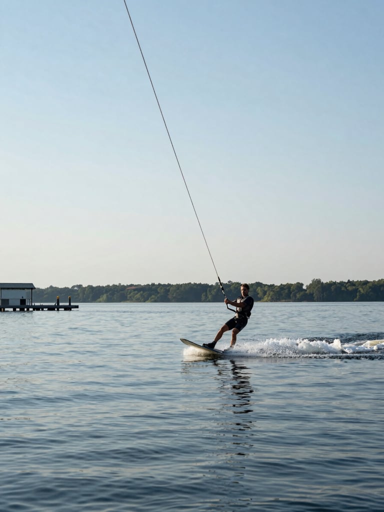 Close environmental shot from water level looking along the cable rig tow-line, a rider on a wakeboard being pulled across flat lake water in the foreground, natural midday light, the cable tensioned and visible against open sky, dock structure faintly in background