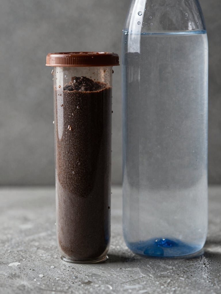 Macro shot of a dark-textured protein tub next to a high-pH alkaline water bottle, dramatic side lighting defining sharp edges and water droplets, industrial concrete background