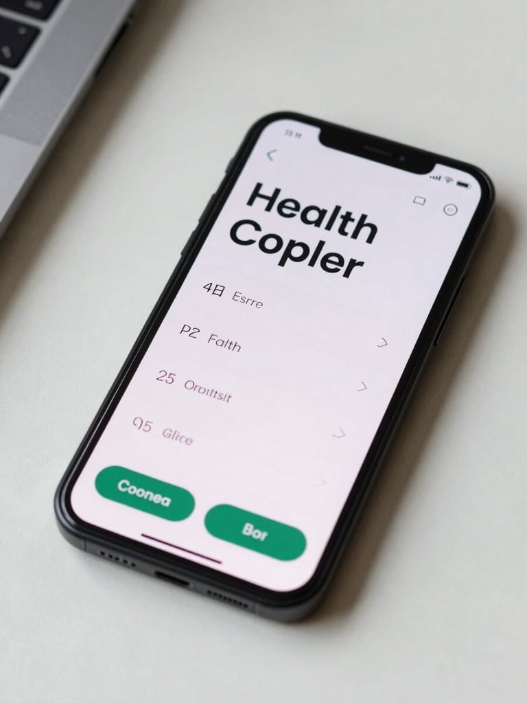 Tight crop of an Android phone screen showing a health companion app with large readable typography, high-contrast buttons, and a minimal single-task layout, neutral daylight from the left, device resting on a clean white desk surface
