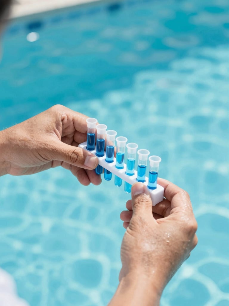 Close-up of a pool technician's hands performing a water chemistry test with clear vials and blue liquid, bright natural daylight, clean and professional, 35mm lens.