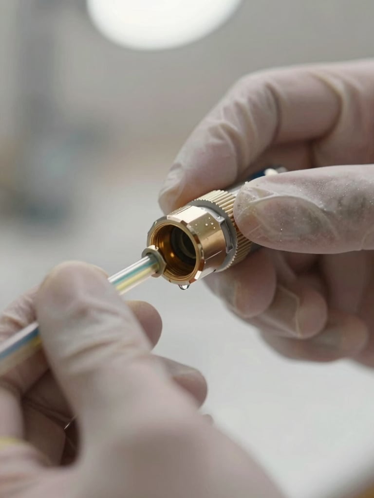 Extreme close-up of gloved hands examining a push-fit connector on RO tubing, small water droplet visible at the joint, north-facing kitchen light, shallow depth of field, no studio lighting