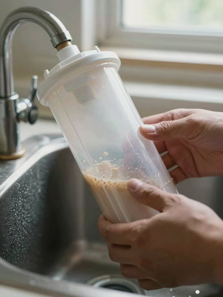 Extreme close-up of hands pulling a cylindrical RO filter cartridge from its housing, sediment visible inside the translucent casing, natural north-facing window light, no people's faces, under-sink cabinet edge visible at frame left