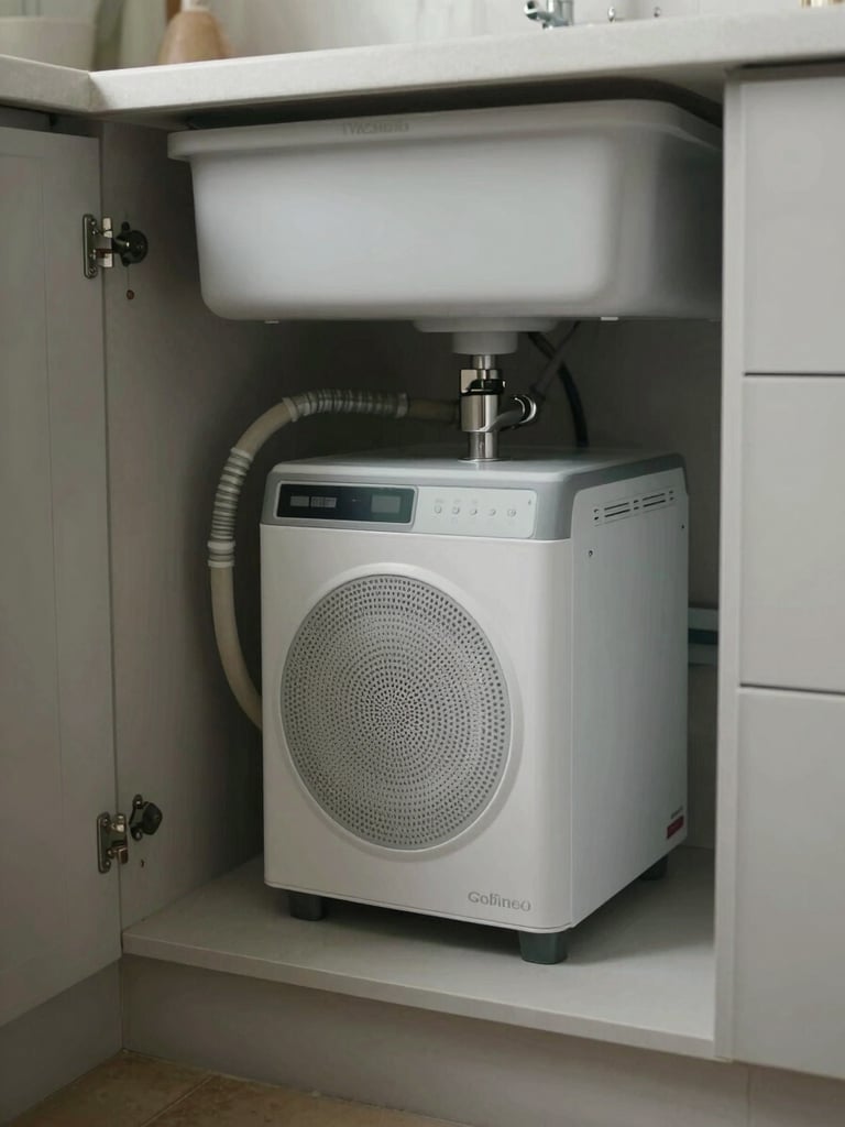 Wide shot of a compact RO unit mounted under a kitchen sink cabinet, feed tubing neatly routed along the cabinet wall, daylit kitchen, no people, muted greys and white