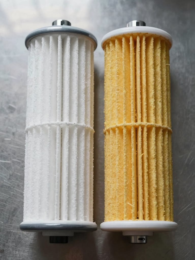 Close-up overhead of two sediment filter cartridges side by side on a stainless steel surface — one new white, one yellowed with use — under diffused window light, no props or styling