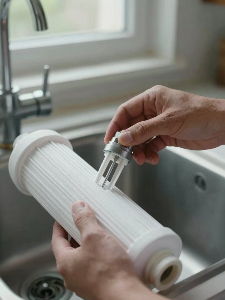 Extreme close-up of an RO filter cartridge being slotted into a housing unit under a kitchen sink, technician's hands steady and precise, natural north-facing window light, muted daylit tones, no flash