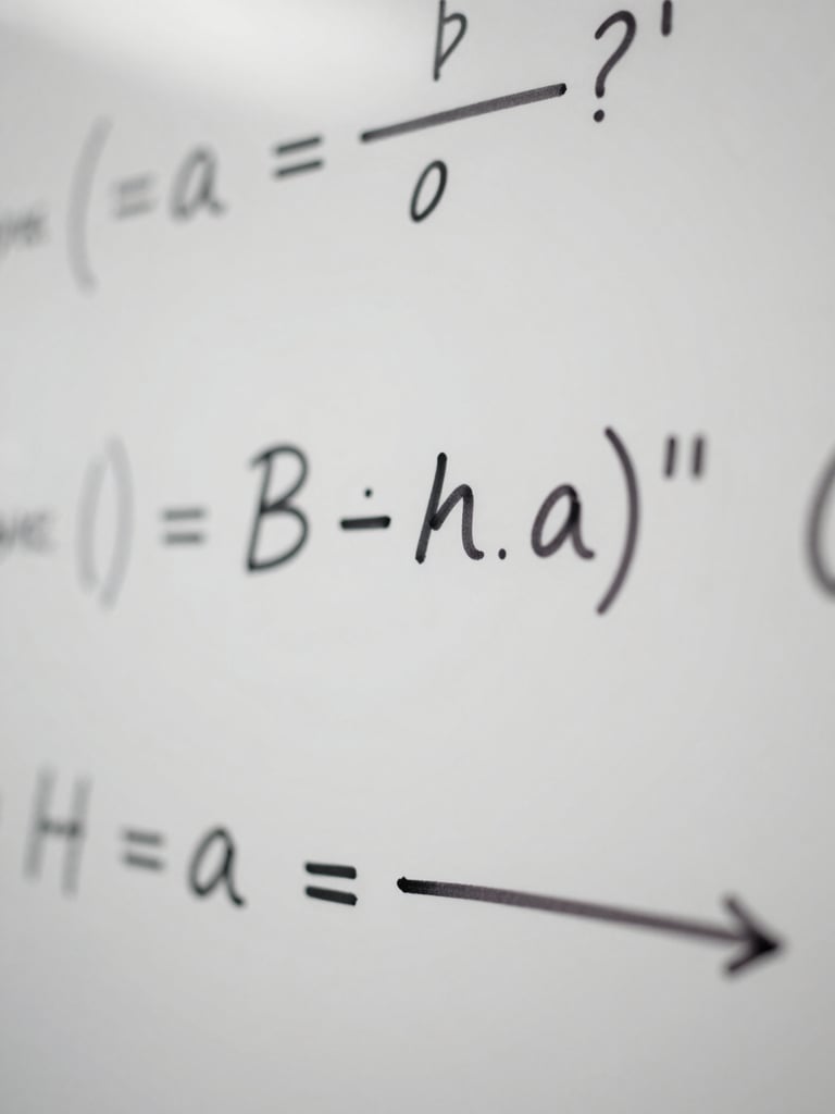 Macro close-up of handwritten mathematical derivations on a clean whiteboard, crisp neutral studio lighting, sharp details, analytical atmosphere.