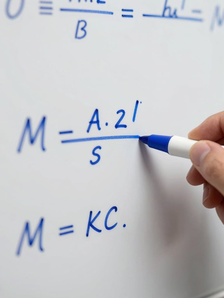 Macro close-up of handwritten mathematical derivations on a clean whiteboard, sharp blue ink, bright neutral studio lighting, shallow depth of field.