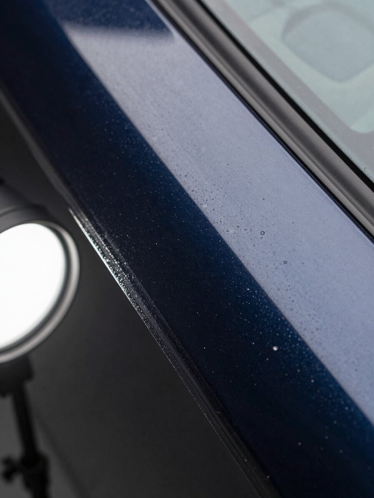 Extreme close-up overhead study of PPF film edge freshly applied to a car panel, studio strobe from the left, the film's optical clarity visible against deep navy paint, micro-bubbles absent, edge line razor-precise