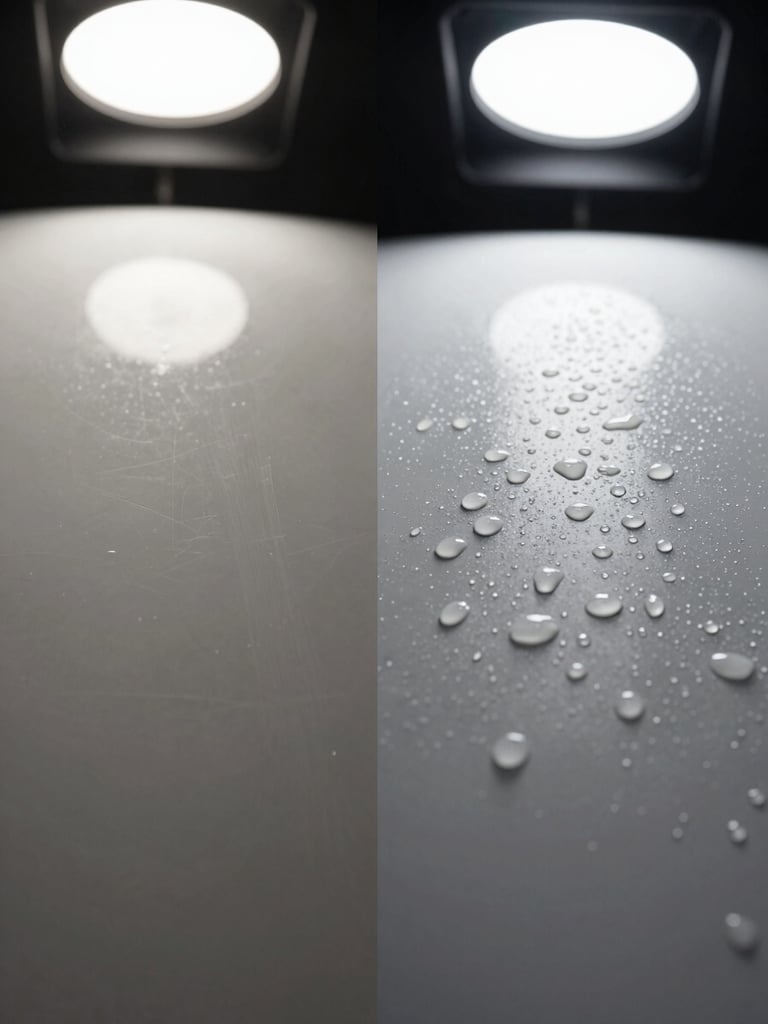 Split-panel macro study of car paint surface under controlled studio light — left half showing uncoated dull paint with micro-scratches visible, right half showing the same panel after ceramic coating with water beads formed perfectly and surface depth visibly deeper, overhead perspective with cold white strobes