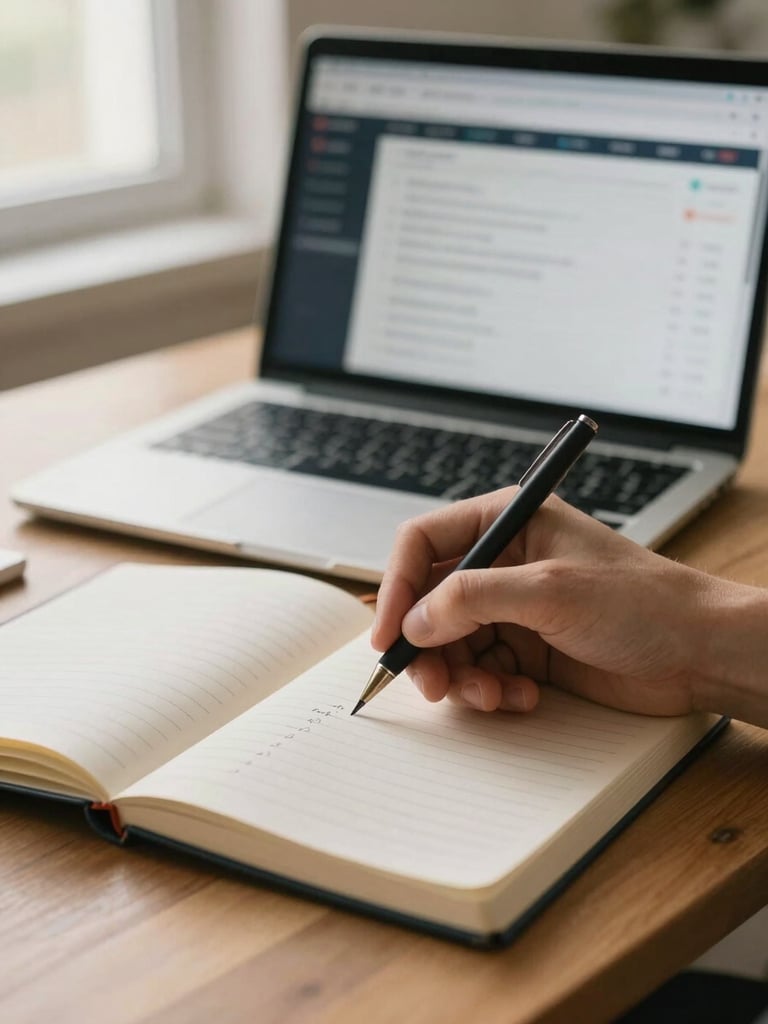 Close-up of a person's hands writing notes in an open notebook on a plain wooden desk, a laptop open in the background showing a brokerage account interface, warm natural window light from the left, shallow depth of field, no faces visible