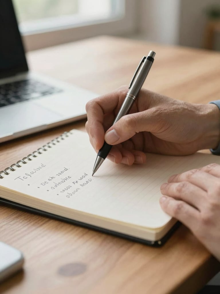 Close-up of hands holding a pen over a notepad with handwritten bullet points on a wooden desk, warm natural window light, soft focus background with a laptop edge visible