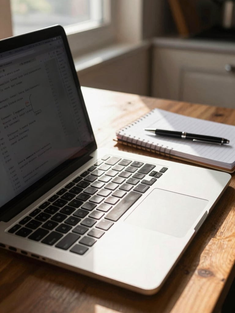 Close-up wide shot of a laptop open on a home kitchen table, warm afternoon window light falling across the keyboard and a spiral notebook beside it, a pen resting on handwritten notes, no person visible — the quiet setup of a remote learning session