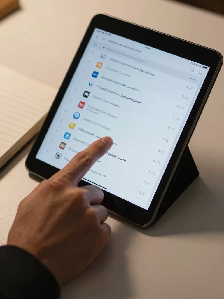 A hand pointing at a tablet screen showing a list of investment product categories, warm indoor light, a notebook open beside the device on a plain desk surface