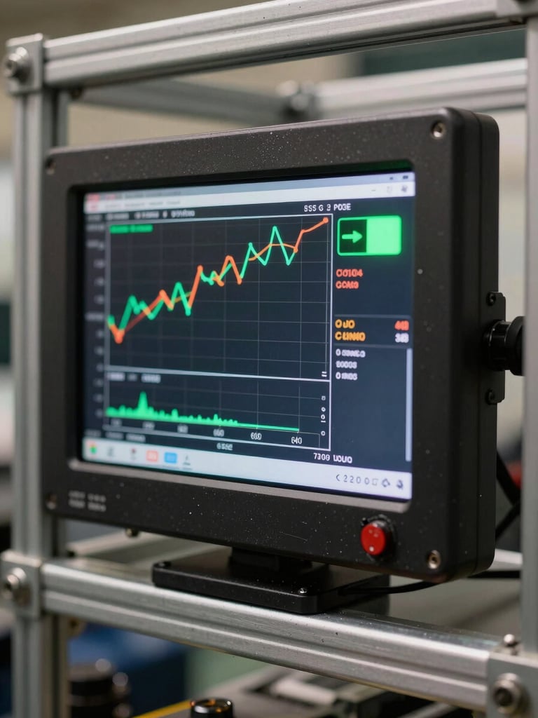 Close-up of a rugged digital control screen mounted on a steel frame, displaying real-time diagnostic graphs and a bright green pass indicator.