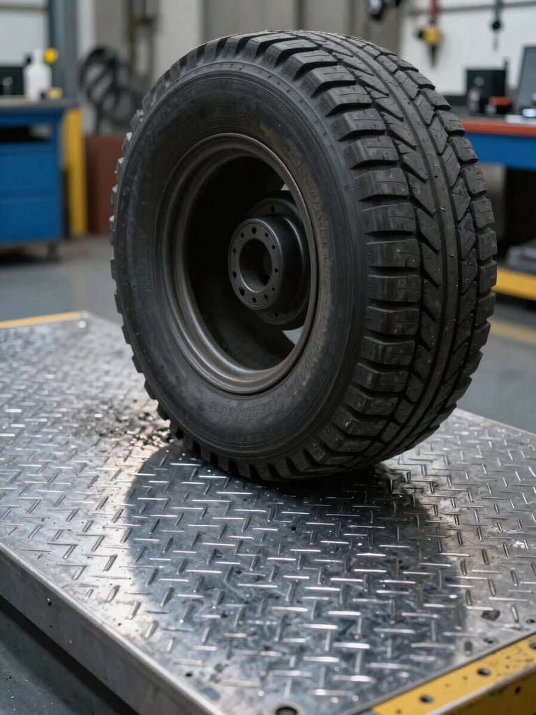 High-contrast industrial shop floor, close-up of a vehicle tire rolling over a heavy-gauge steel diagnostic plate, cool-toned overhead lighting reflecting off the metal.