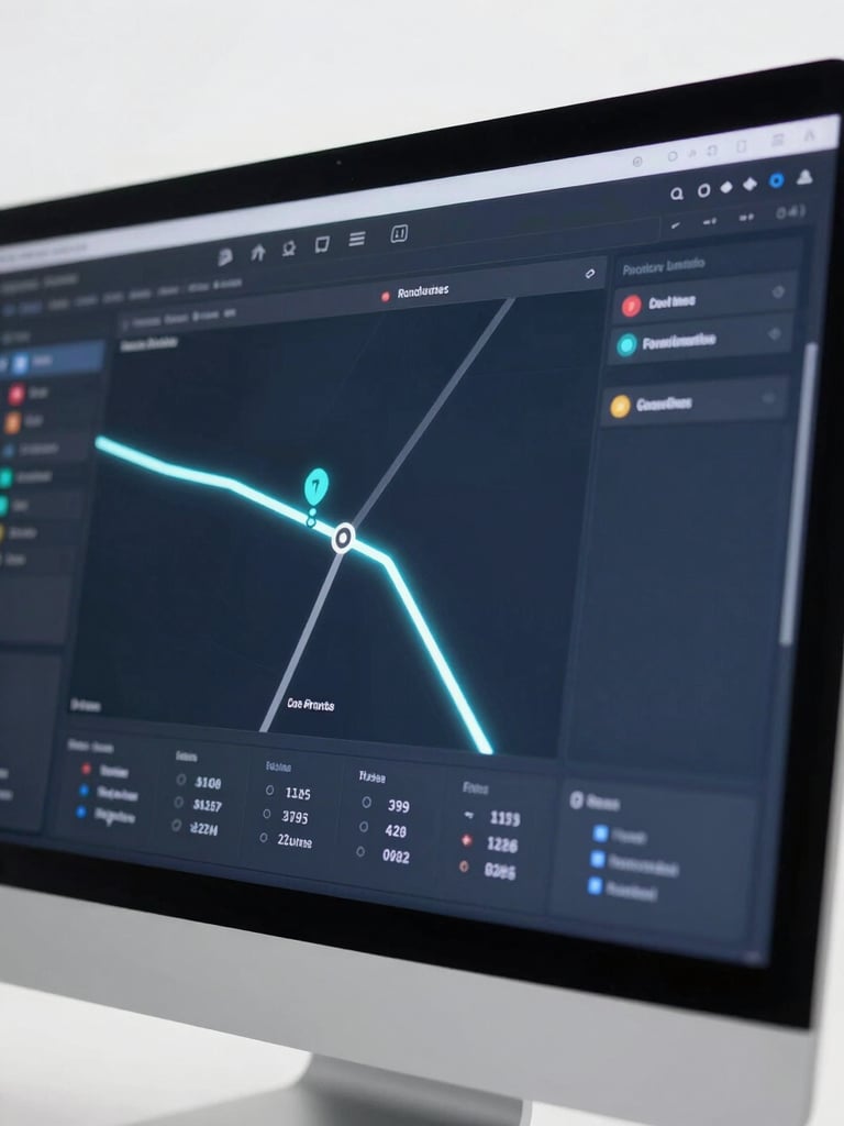 Close-up of a route planning dashboard on a modern monitor, clean interface with glowing transit lines, cool steel and navy tones, sharp focus
