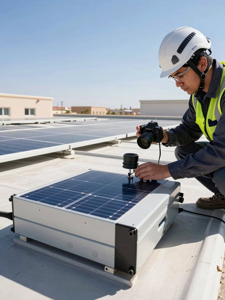 Close-up shot of a certified solar engineer in safety gear and helmet inspecting high-efficiency inverters on a commercial roof, bright clear daylight, technical precision, dslr