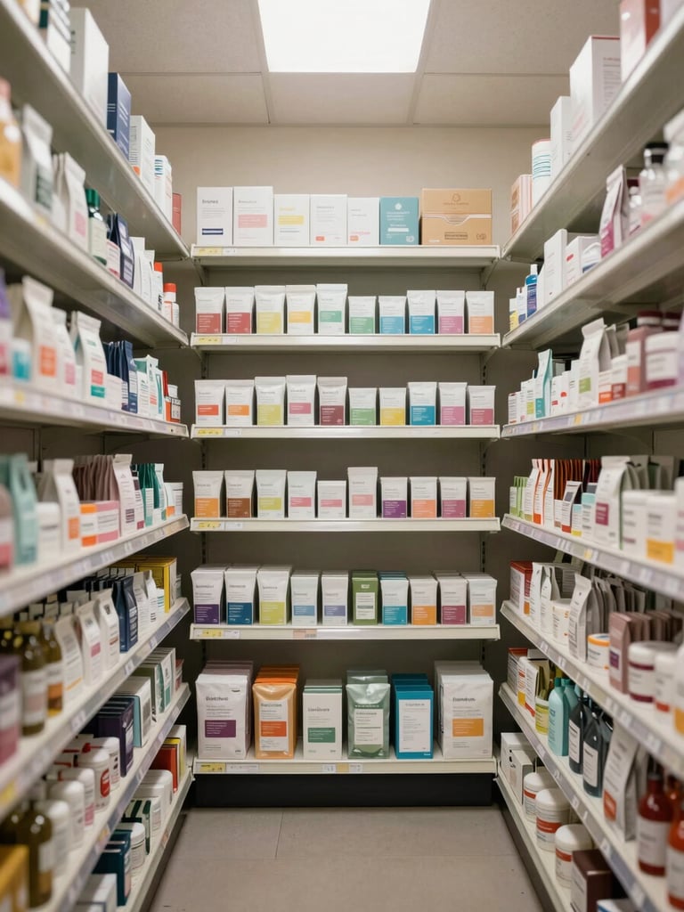 Wide interior shot of a dispensary retail shelf unit, straight-on framing, product packaging lined up in neat rows under bright neutral overhead lighting, warm gray shelving, no people, no signage text visible