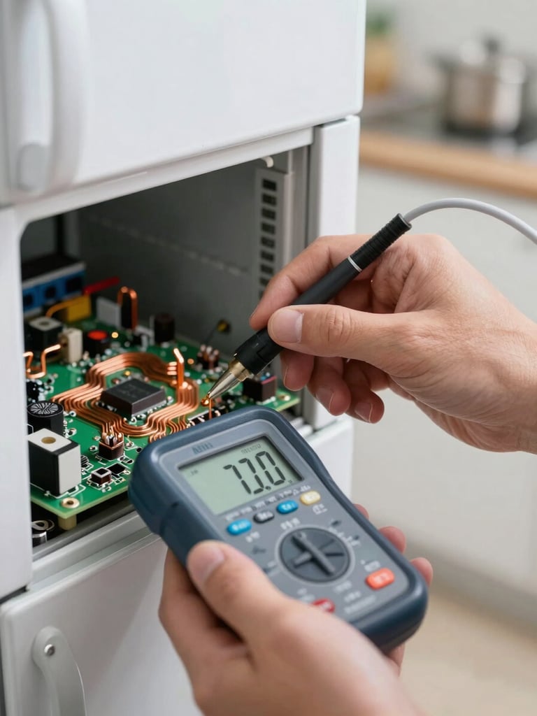 A tight macro shot of a technician's clean hands using a digital diagnostic meter to test a refrigerator control board, crisp work light illuminating the copper circuitry, clean modern kitchen background, shallow depth of field.