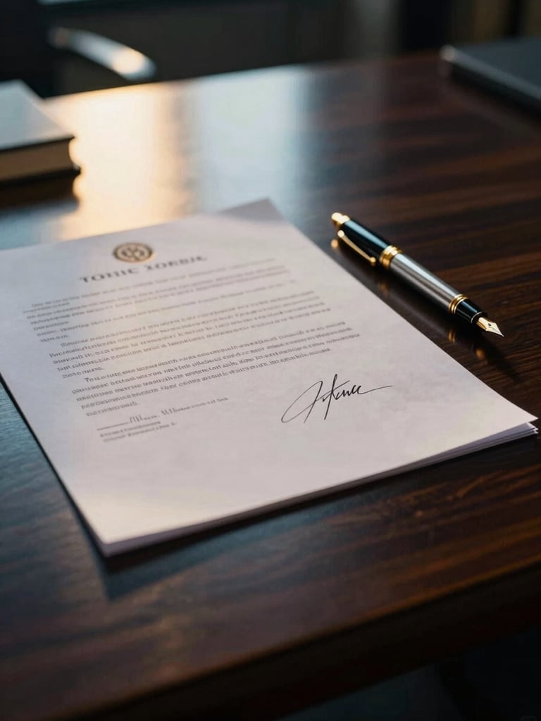 Close-up of a signed corporate contract on a dark mahogany desk next to a luxury fountain pen, warm golden hour light reflecting off polished glass, moody atmosphere