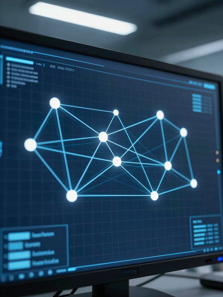 Abstract visualization of data nodes and scientific citation networks, clean vector lines on a dark blue digital interface, cool-toned laboratory light.