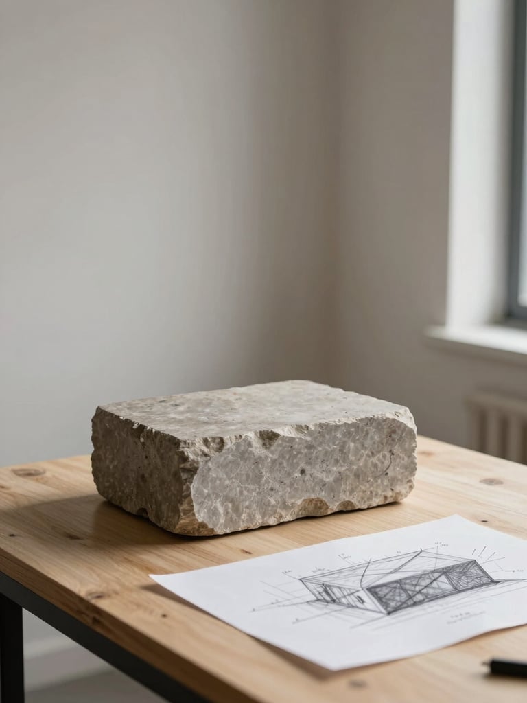 A quiet studio corner in Cheyenne under soft morning light, a limestone block resting on a light wood table next to architectural sketches.
