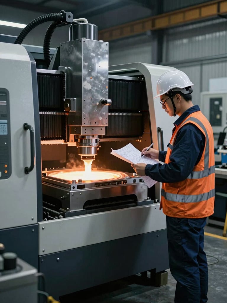A mechanical engineer in safety gear reviewing blueprints next to a high-precision CNC mold machine on a clean industrial floor, dramatic side lighting