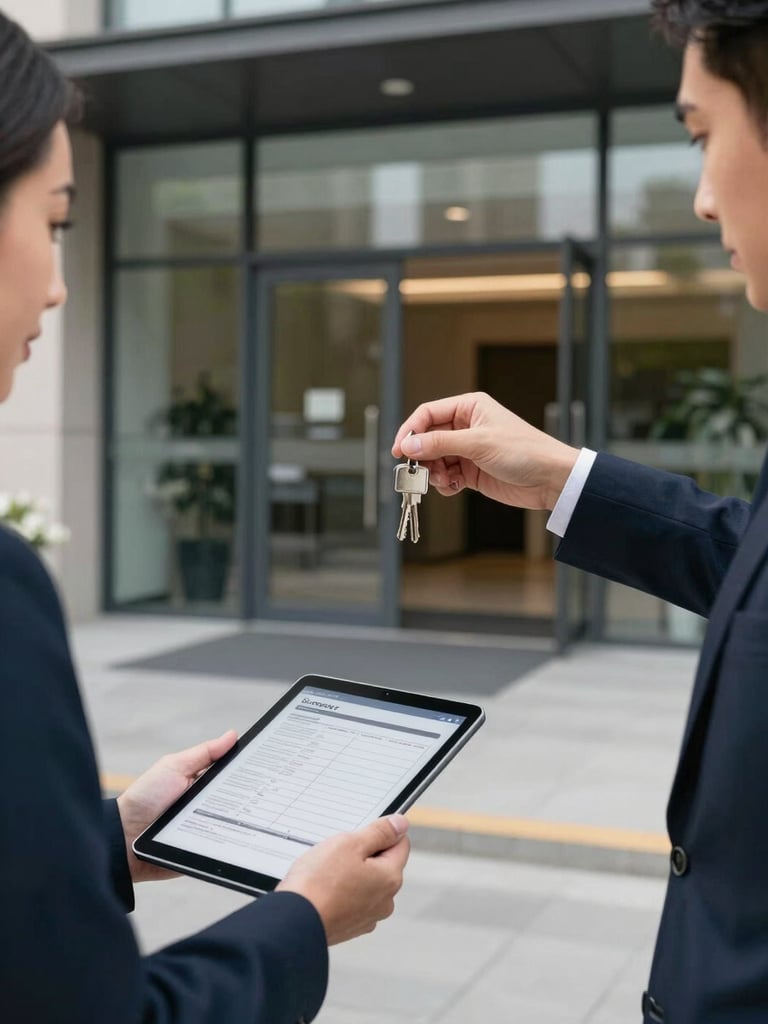Two professionals exchanging keys in front of a modern building entrance, one holding a tablet with a visible inspection checklist on screen, controlled daylight, wide framing, no text or watermarks