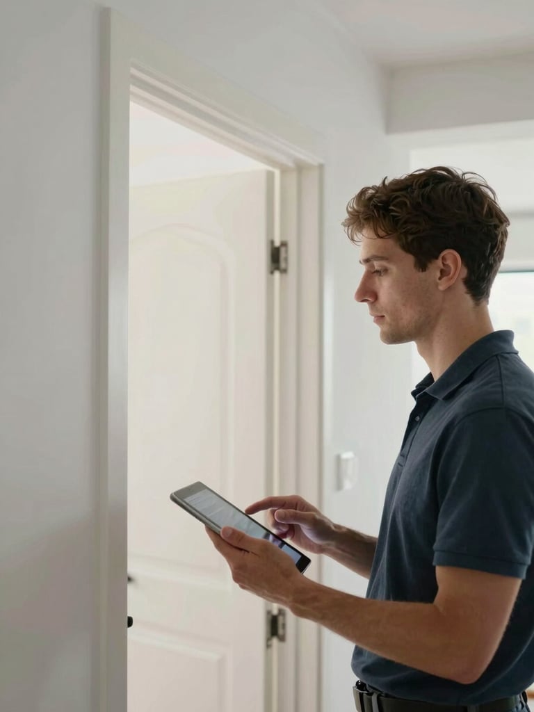 Professional inspector holding a tablet while examining a door frame in a freshly painted modern apartment, controlled soft lighting, overhead angle slightly, no text or watermarks