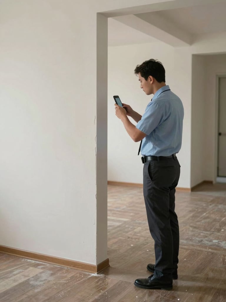Inspector using a smartphone to photograph a scuffed baseboard in a vacant modern apartment, soft even lighting, wide environmental framing showing empty room in background, no text or watermarks
