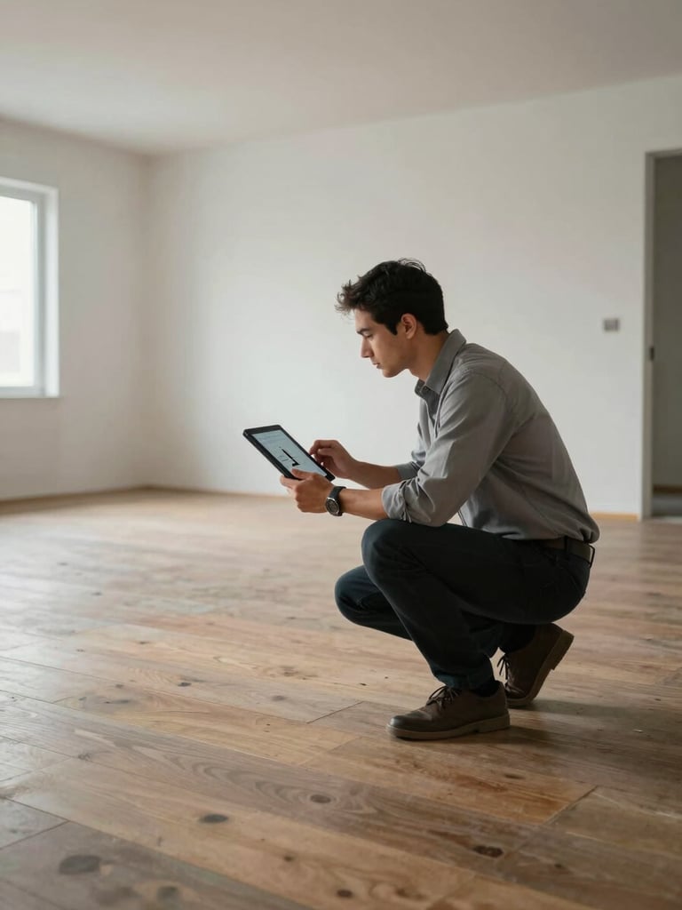 Wide environmental frame, professional inspector crouching to examine flooring in a modern empty apartment, tablet in hand capturing a documentation photo, soft overhead lighting, neutral tones of concrete and white walls, no text or watermarks