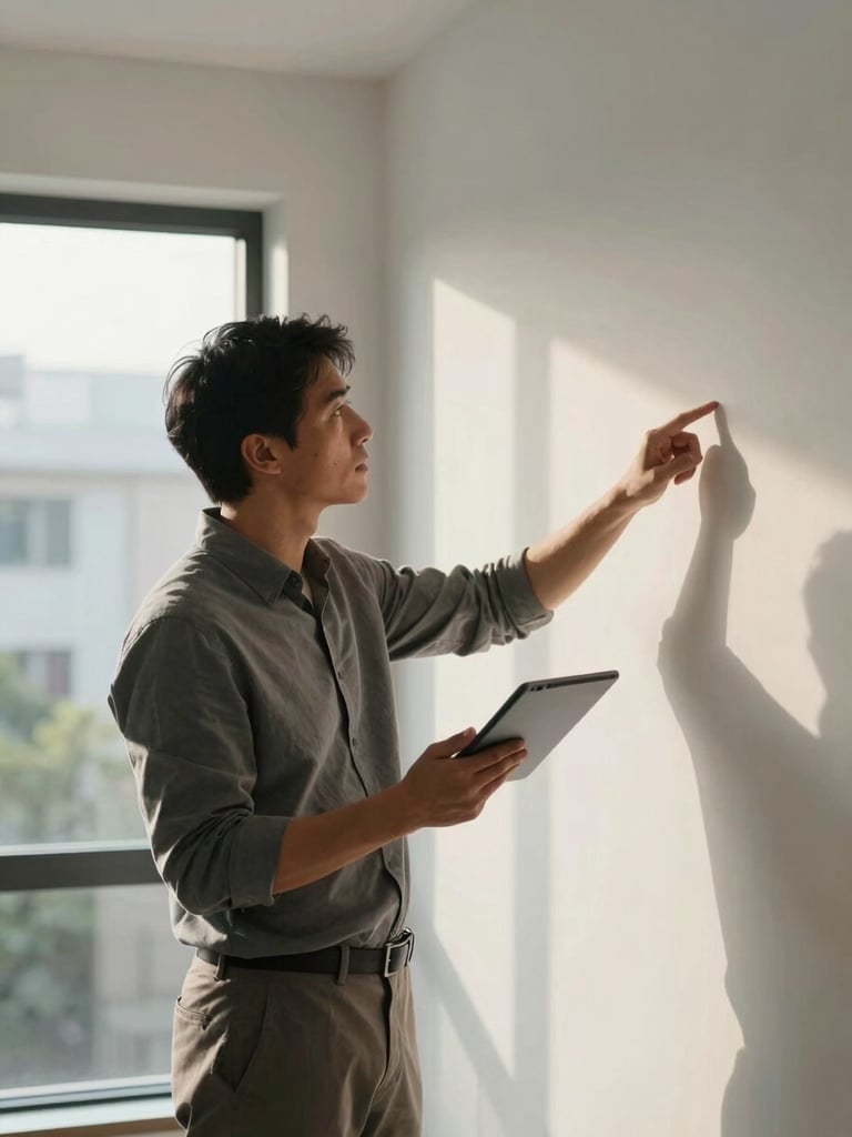 Close environmental shot, modern residential interior, a professional in business-casual attire holding a tablet and pointing at a wall detail, soft controlled natural light from a large window to the left, crisp shadows emphasizing the inspection context, no paper or clipboards