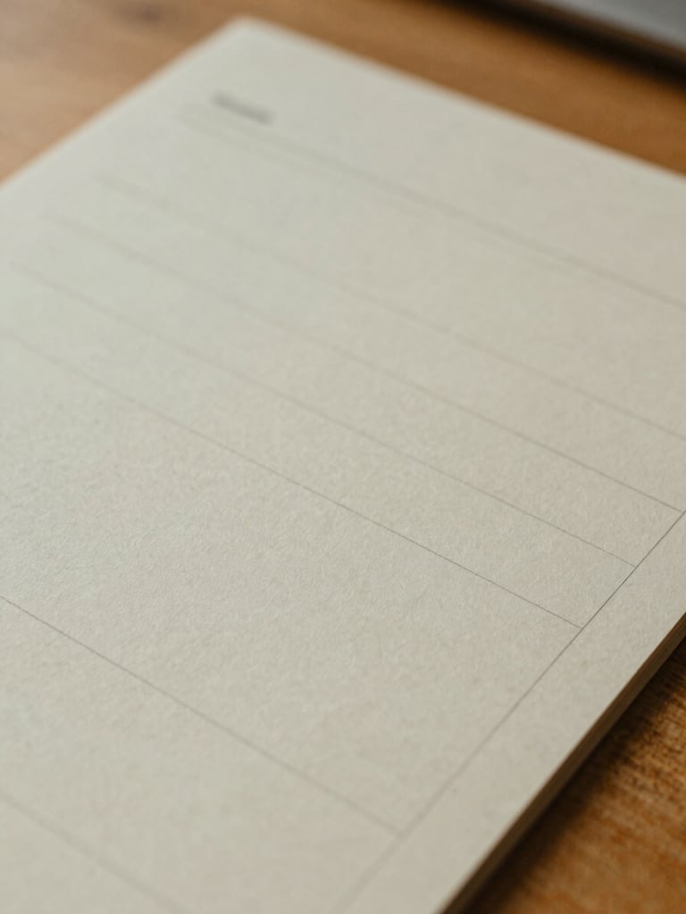 Macro shot of textured handmade paper on a wooden desk, a minimalist clinical folder with structured notes, soft warm daylight, shallow depth of field, 35mm