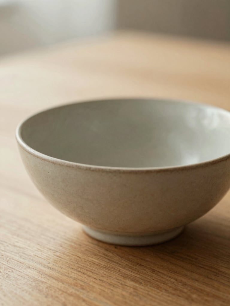 Close-up of textured ceramic bowl on a wooden table in soft morning light, warm beige and sage tones, calming minimalist photography