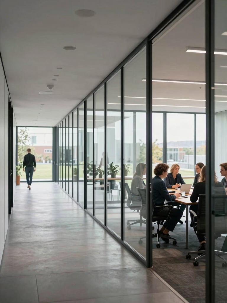 Environmental shot of a modern Dutch office corridor, glass-walled meeting room visible to the right with people in quiet discussion around a table, natural daylight flooding through large windows, architectural lines clean and minimal